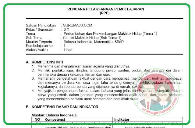  Pertumbuhan dan Perkembangan Makhluk Hidup RPP Kelas 3 Tema 1 Kurikulum 2013 Revisi 2018