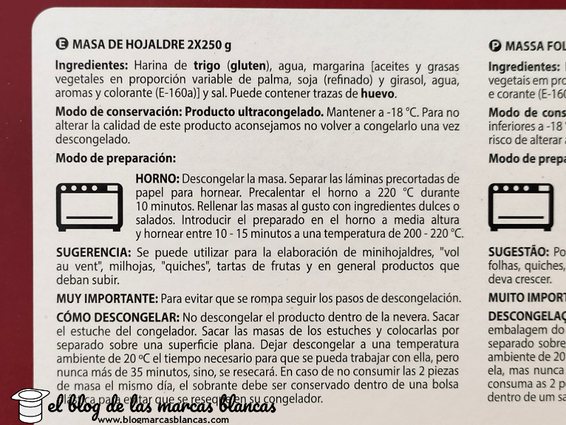 Ingredientes de la Masa de hojaldre congelada HACENDADO (Mercadona) fabricada por Congalsa - El blog de las marcas blancas (www.blogmarcasblancas.com)