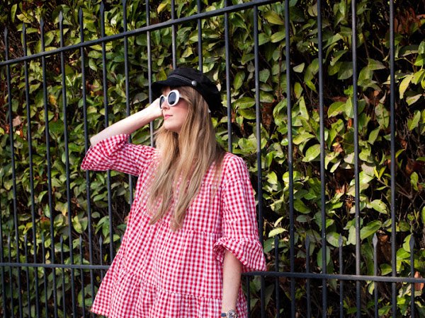 Outfit: gingham babydoll, fiddler cap and bamboo bag