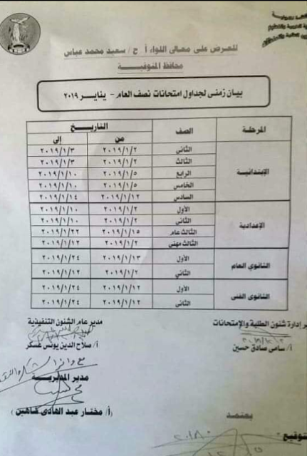 Ø¬Ø¯Ø§ÙˆÙ„ Ø§Ù…ØªØ­Ø§Ù†Ø§Øª Ù…Ø­Ø§ÙØ¸Ø© Ø§Ù„Ù…Ù†ÙˆÙÙŠØ© Ø§Ù„ØªØ±Ù… Ø§Ù„Ø§ÙˆÙ„ 2019 Ø¨Ø§Ù„ØµÙˆØ± - Ù„Ù„Ø´Ù‡Ø§Ø¯Ø© Ø§Ù„Ø§Ø¹Ø¯Ø§Ø¯ÙŠØ© ÙˆØ§Ù„Ø§Ø¨ØªØ¯Ø§Ø¦ÙŠØ©