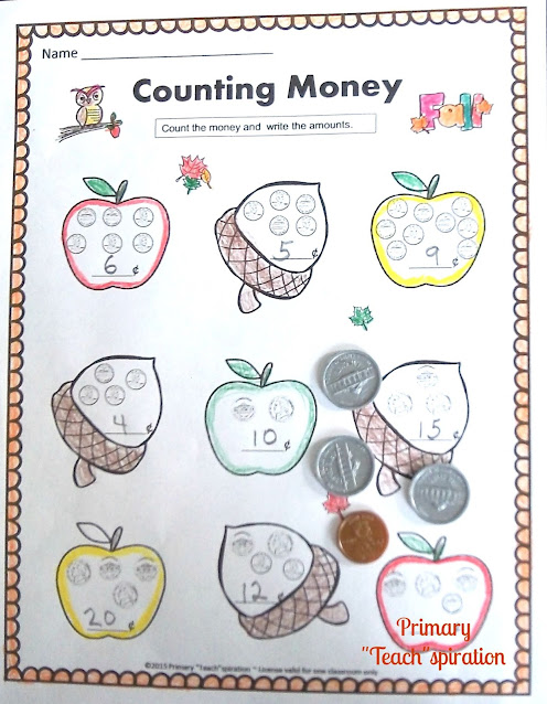 This Counting Money printable is just one example of a fall-themed printable that the kids will enjoy following a read of the book "Counting on Fall."