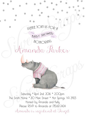 Silver Glitter Confetti and watercolor Rhinoceros Custom Baby Girl Shower Sprinkle Invitation - Grey Rhino Pink Peach Lavender White Matching Back Side girl zoo jungle safari animal sweater purple grey gray fuscia modern polka dots sprinkles sweet kids rhino 