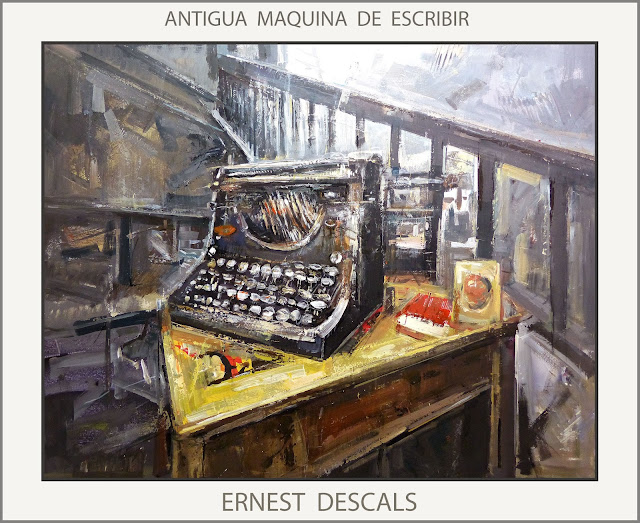 PINTURA-MAQUINAS-ESCRIBIR-ANTIGUAS-PINTURAS-RECUERDOS-CUADROS-VIDA-COTIDIANA-PINTOR-ERNEST DESCALS-