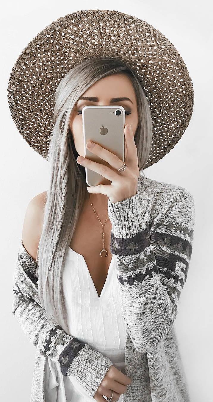 incredible fall outfit / hat + white dress + cardigan