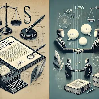 Ilustrasi perjanjian tertulis dengan pena dan kertas, serta perjanjian lisan yang digambarkan dengan dua orang berjabat tangan.