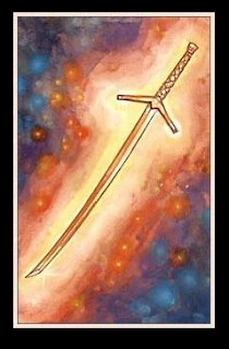 Callandor, a crystal sword. The blade is ever so slightly curved with a pair of long cross guards.
