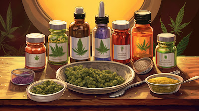 varios productos medicinales derivados de la marihuana distribuidos ordenadamente sobre una mesa de madera