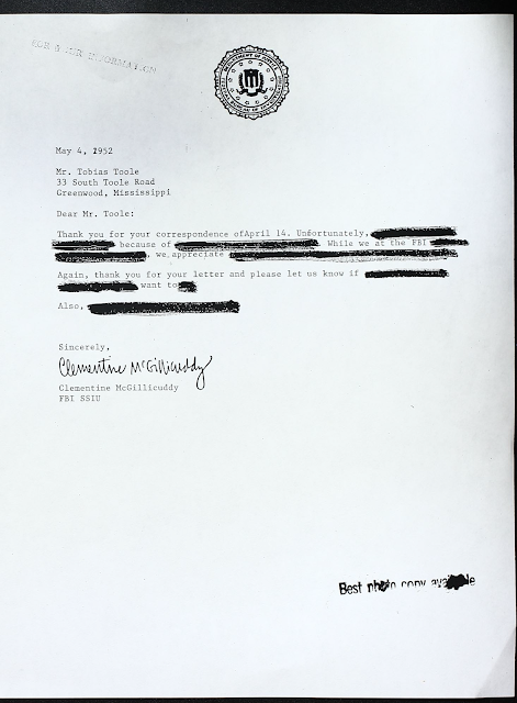 Fake redacted letter from Clementine to Tobias. All you can read is thank you for your correspondence of april 14 unfortunately because of while we at the FBI we appreciate again thank you for your letter and please let us know if want to also sincerely