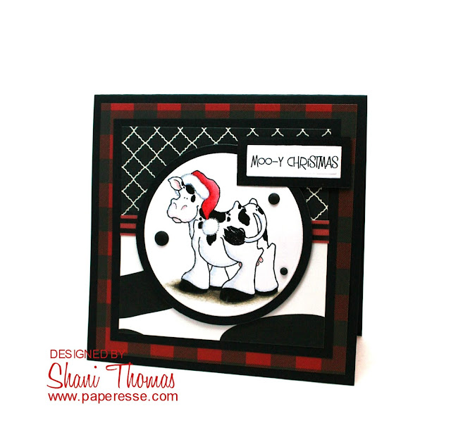 Moo-y Christmas card featuring Eureka! Stamps Christmas Cow digi, by Paperesse.