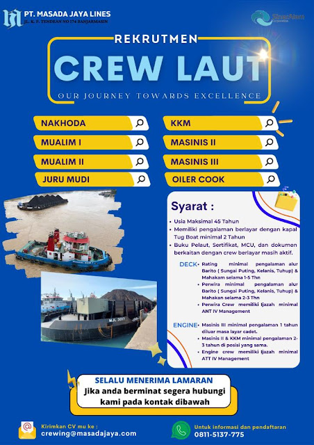 Need Crew Laut Nakhoda, KKM, Mualim, Masinis, Jurumudi, Oiler 2023