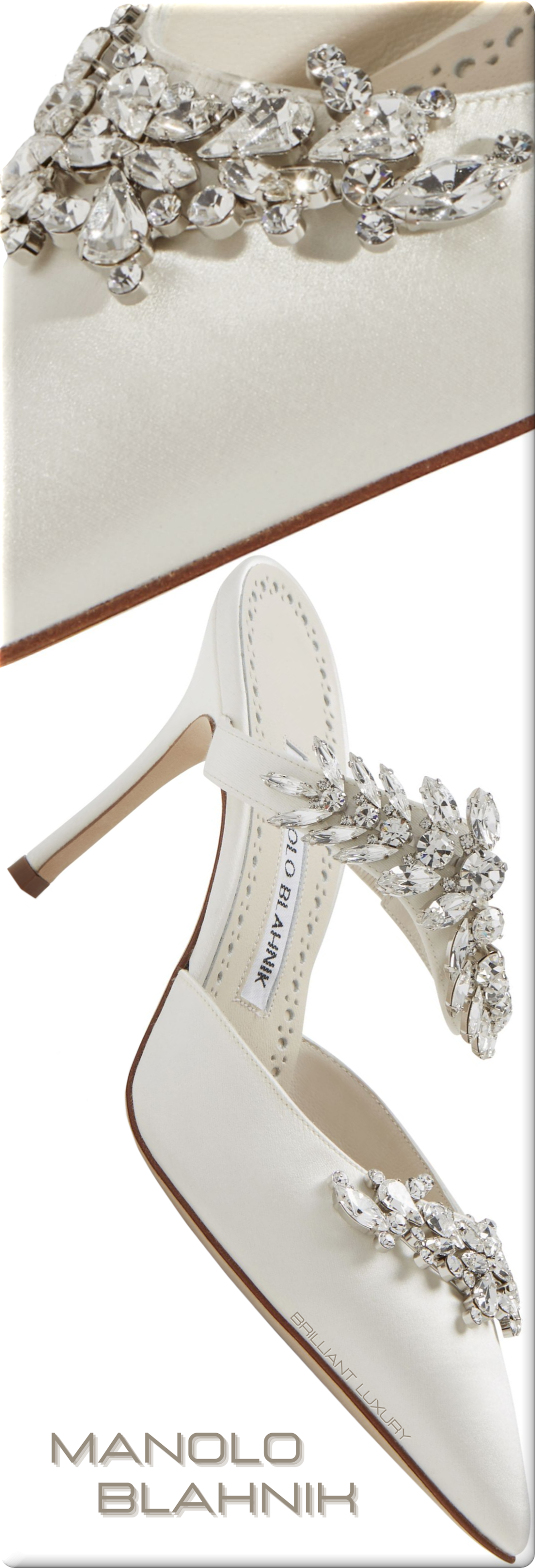 ♦Manolo Blahnik Lurum off-white satin crystal embellished mules #manoloblahnik #shoes #brilliantluxury