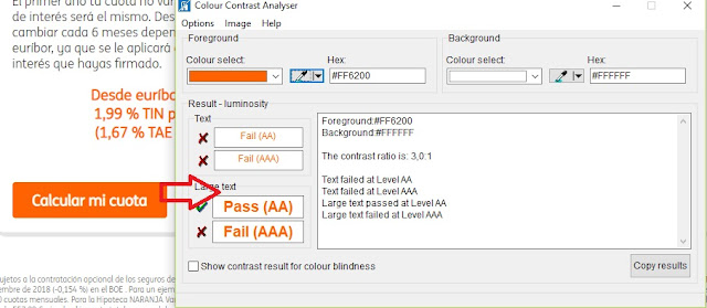 Contraste insuficiente analizado con colour contrast analyser