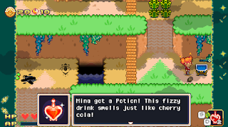 Mina collects a Potion while looking for Apples in Matterhorn Wood, an early area in Crystal Story: Dawn of Dusk.