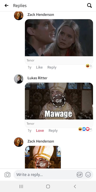 Zack Henderson  [GIF from the Princess Bride continues with Buttercup staring at Westley incredulously] · Reply · 3y Lukas Ritter [GIF from the Princess Bride Impressive Clergyman saying "Mawage"]  · Reply · 3y Zack Henderson [GIF from the Princess Bride, same scene, cropped]