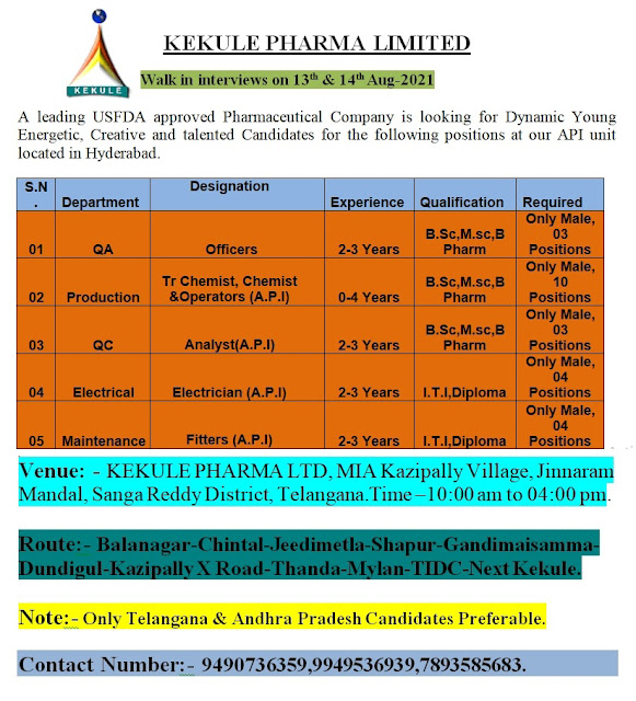 Job Availables, Kekule Pharma Ltd Walk-In Interview for Freshers & Experienced in Production / QC / QA / Electrical Maintenance