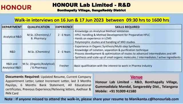 Honour Lab Walk In Interview For Fresher and Experienced in Analytical R&D/ R&D/ - M.Sc. (Organic/ Analytical) / B.Pharmacy/ M.Sc. (Chemistry)