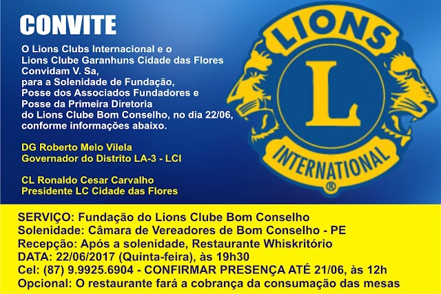 LIONS CLUB DE BOM CONSELHO SERÁ FUNDADO NO PRÓXIMO DIA 22/06