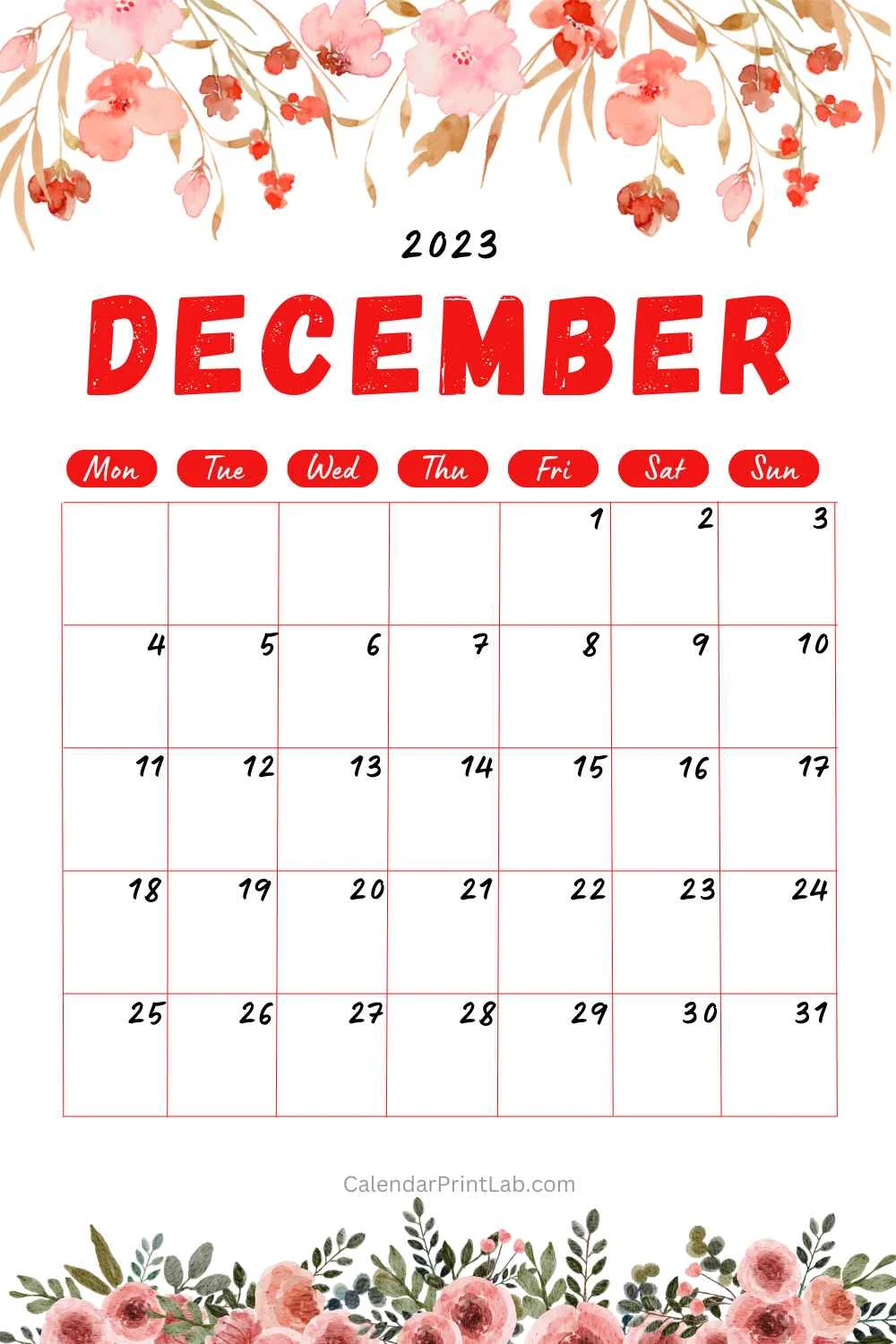 december 2023 red flower calendar