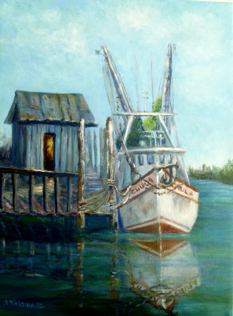 Coastal Painting of Shrimp Boat by Docks