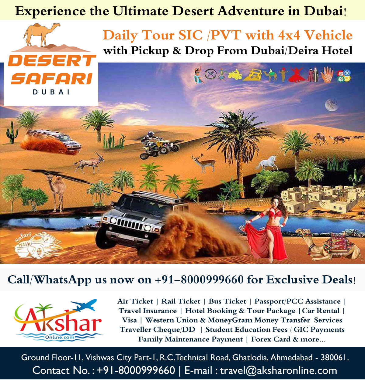 🐪 Discover the Magic of Dubai's Desert Safari! 🌵  Embark on an unforgettable adventure with our Desert Safari Tour in Dubai! 🚙 Whether you're seeking thrilling dune bashing or serene sunset views, we have something for everyone!  ✨ Tour Highlights: 🔹 Thrilling 4x4 Desert Safari Experience 🔹 Pickup & Drop-off from Dubai/Deira Hotels 🔹 Shared (SIC) & Private (PVT) Tours Available 🔹 Camel Riding, Sandboarding, & Dune Bashing 🔹 Live Entertainment: Belly Dancing & Tanoura Show 🔹 Delicious BBQ Dinner Under the Stars  📞 Book Now! Call us at +91-8000999660  Don't miss out on this incredible adventure! Tag your friends and family, and let's make memories together in the heart of the Arabian desert! 🌅🐫  #desertsafaritourdubai #desertsafaridubai #dubaidesertsafari #dubaitours aksharonline, info.akshar@gmail.com,