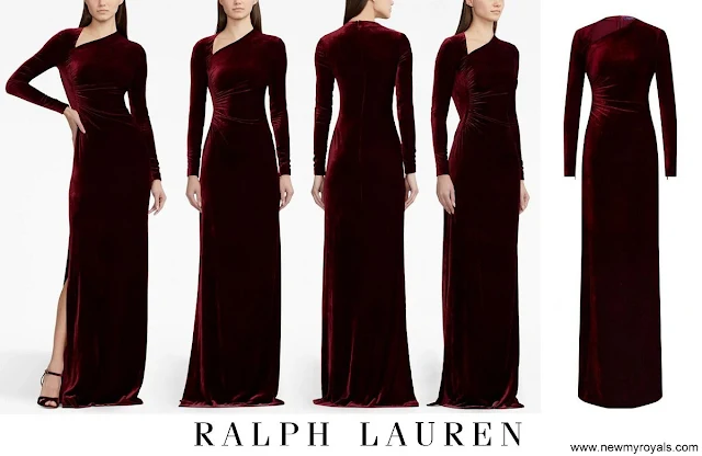 Princess Charlene wore Ralph Lauren Collection Kinslee ruched velvet gown in burgundy