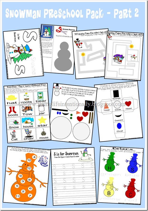 Preschool Worksheets - snowman themed