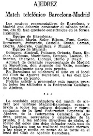 Match telefónico de ajedrez Madrid/Barcelona, La Vanguardia, 28/11/1929