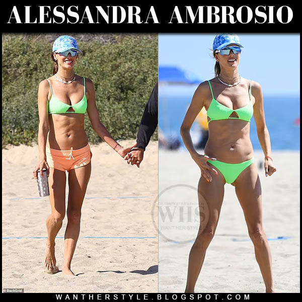 Alessandra Ambrosio in neon green bikini and orange shorts