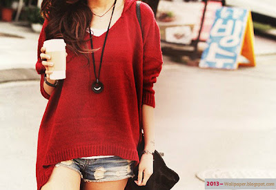 Fashion-girl-short-jeans-red-dress-coffee-cute-brown-hair-attractive