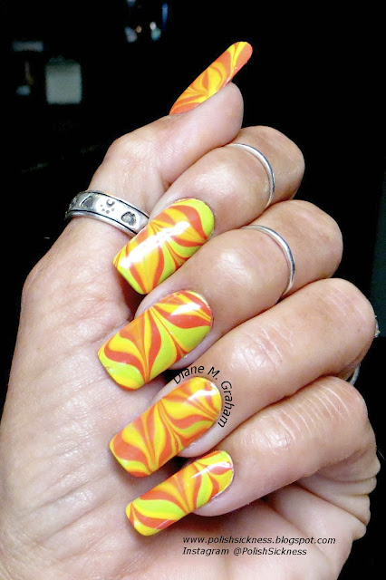 Sally Hansen Mighty Mango, Studio M Neon Caution, Essie The More the Merrier, water marble