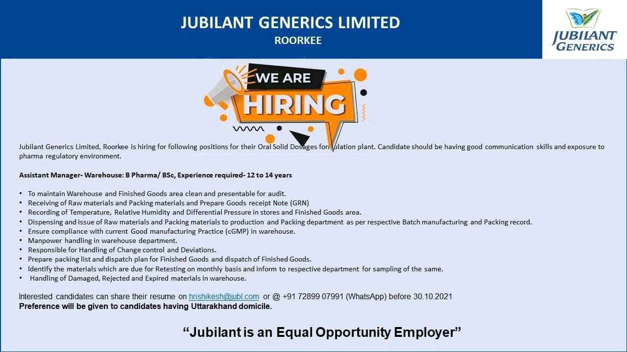 Job Availables,Jubilant Generics Limited Job Vacancy For MSc/M.Pharm/ B.Pharm/ BSc