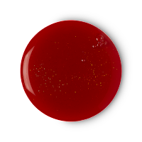 A circular pool of bright red shower gel with silver lustre in it on a bright background