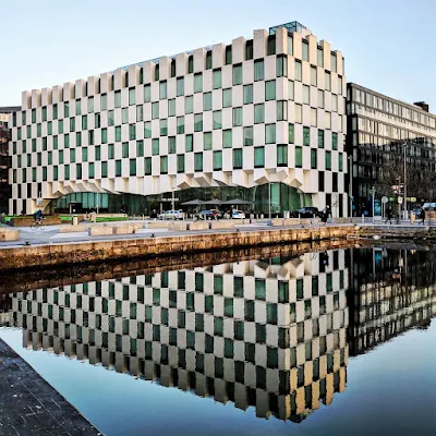 Marker Hotel reflected in the Grand Canal in Dublin in March