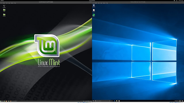 Montagem com a área de trabalho do Linux Mint e Windows