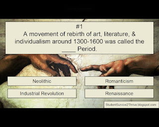A movement of rebirth of art, literature, & individualism around 1300-1600 was called the ____ Period. Answer choices include: Neolithic, Romanticism, Industrial Revolution, Renaissance