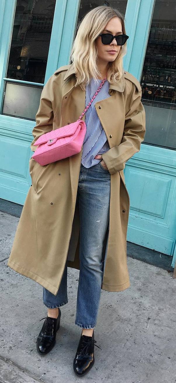 fall ootd: coat + pink bag + shirt + jeans