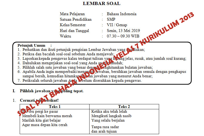 Soal Dan Kunci Jawaban Pat Bahasa Indonesia Smp Kelas 7 Kurikulum