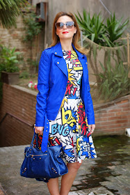 Love Moschino comics dress, Morgan jacket, Balenciaga city blue, Fashion and Cookies, fashion blogger
