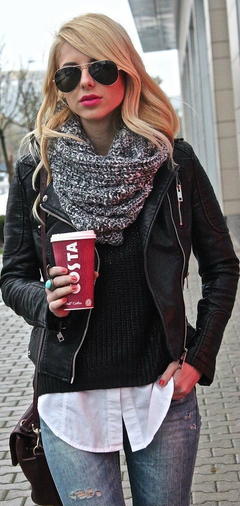 what to wear with a leather jacket : knit scarf + black sweater + white shirt + jeans + bag