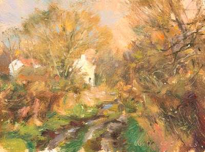 Painting of an Autumn Lane with white cottage