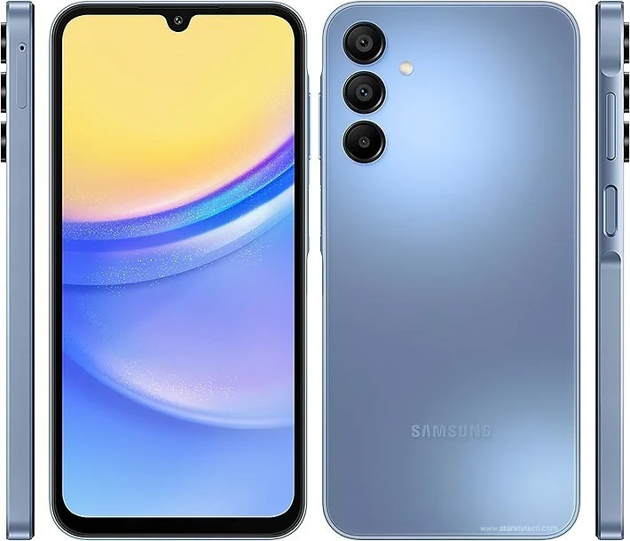 Samsung Galaxy A15 5G (back, front and side views).