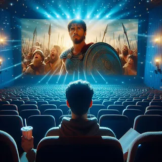 uma imagem de um estudante dentro do cinema assistindo o filme: troia