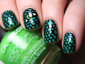 Time Periods nail art Challenge Medieval Dragon scales eye flame fire breathing saran wrap Spellbound Nails shimmer neon green teal blue red yellow orange Sally Hansen Savvy NYC New York Color China Glaze Adventure Red-y freehand hand drawn