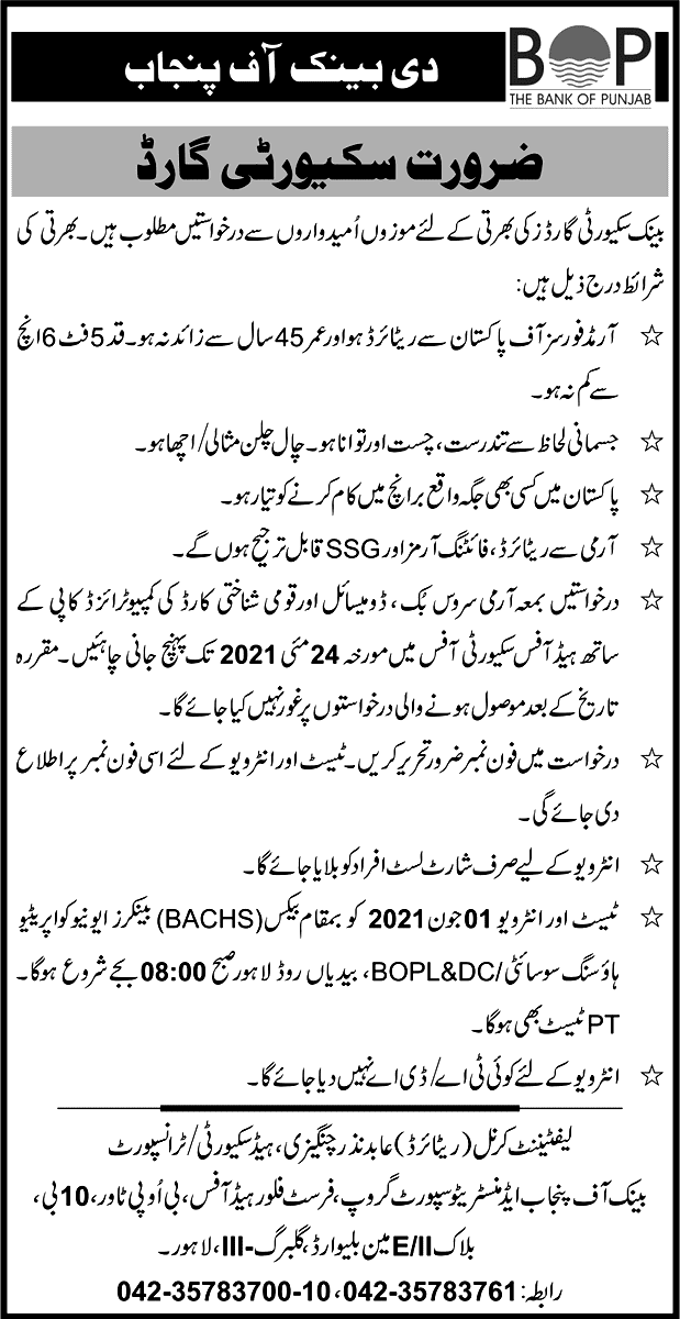 Latest New Jobs in The bank of Punjab BOP May 2021