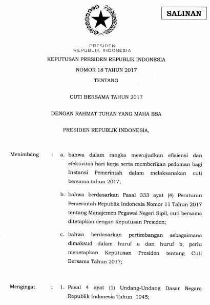 KEPPRES NOMOR 18 TAHUN 2017 TENTANG CUTI BERSAMA TAHUN 2017, LIBUR CUTI BERSAMA TAMBAH 1 HARI