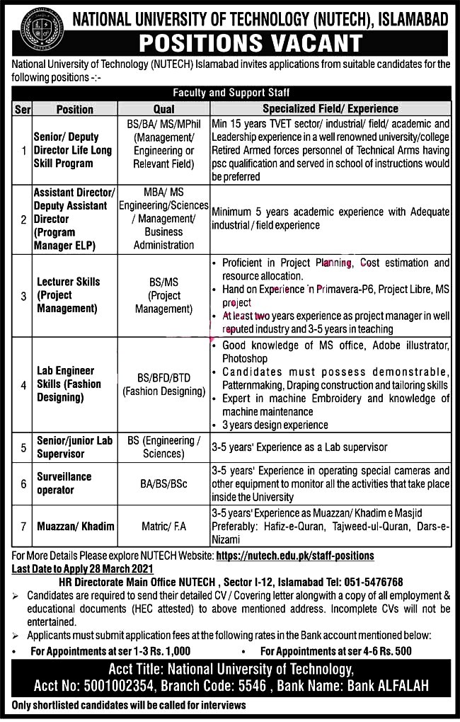 Latest Jobs in National University of Technology NUTECH 2021