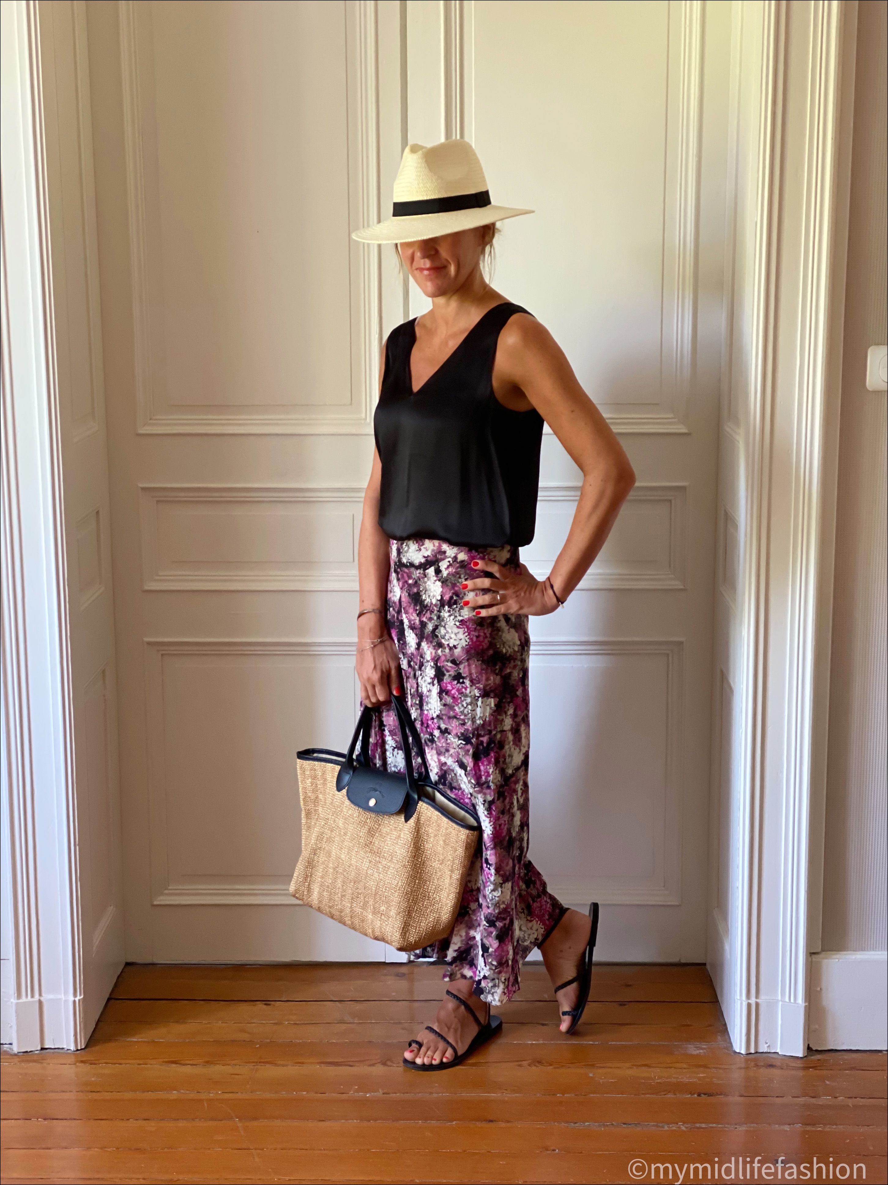 my midlife fashion, Zara Panama hat, marks and Spencer silk top, raey floral midi skirt, long champ tote, Ancient Greek black eleftheria braided sandals