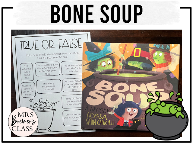 Bone Soup book activities unit with literacy companion printables, reading comprehension worksheets, lesson ideas, and a craft for Halloween in Kindergarten and First Grade