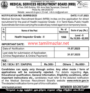 Tamil Nadu Medical Staff Selection Commission - Health Inspector Grade-II Job Notification Released! Vacancies 1066 Last Date 31.07.2023