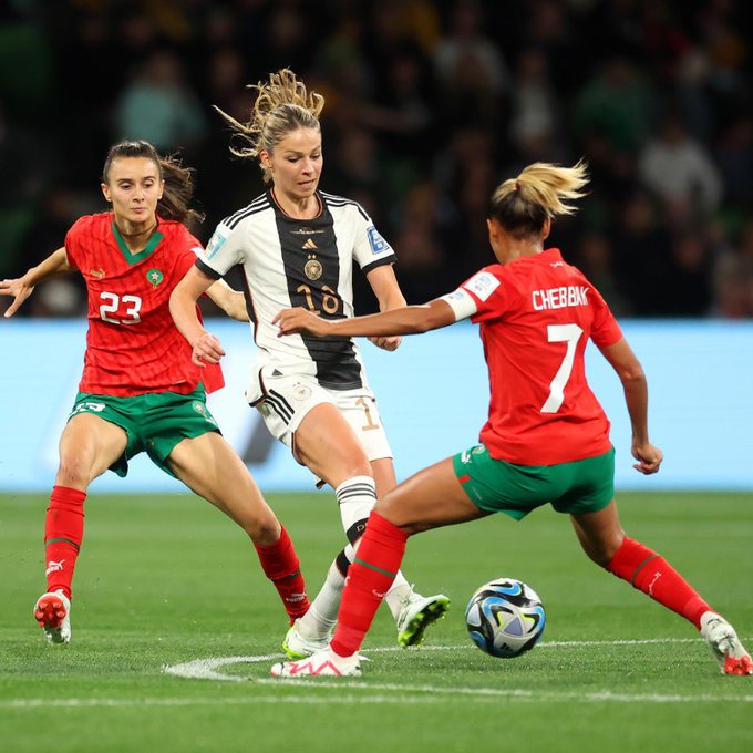 Germany players celebrate after clinching all three points in the FIFA Women's World Cup 2023 match against Morocco in Melbourne on Monday 24 July, 2023